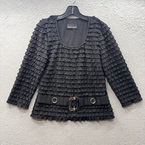 Frank Lyman Design Black Ruffled Tiered 3/4 Sleeve Blouse Top Dress Up Casual